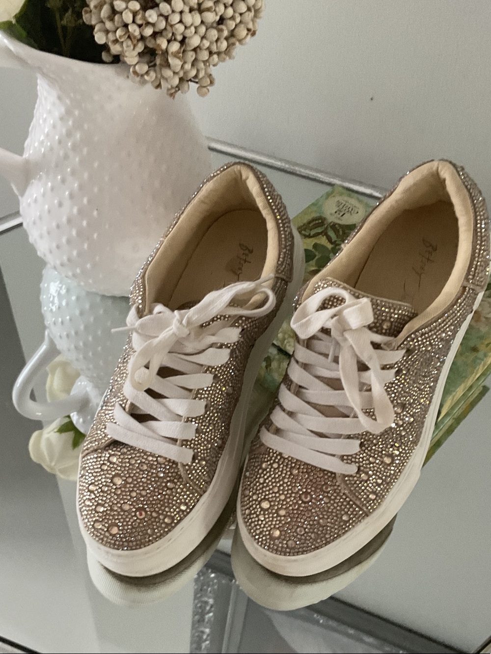 Betsey Johnson Champagne Rhinestone Lace-Up Sneakers